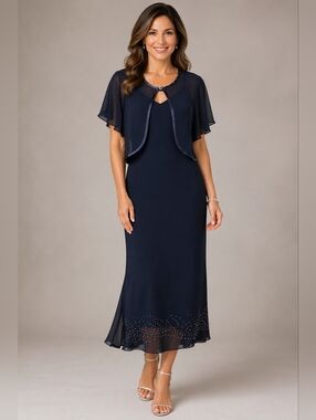 SHEENA Black Beaded Hem Slip Dress with Bolero Sz L
